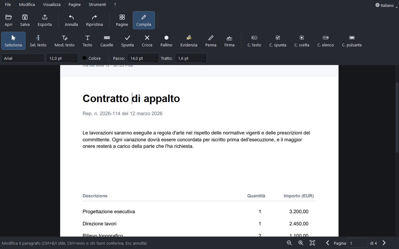 Il campo di scrittura aperto sopra la riga del PDF
