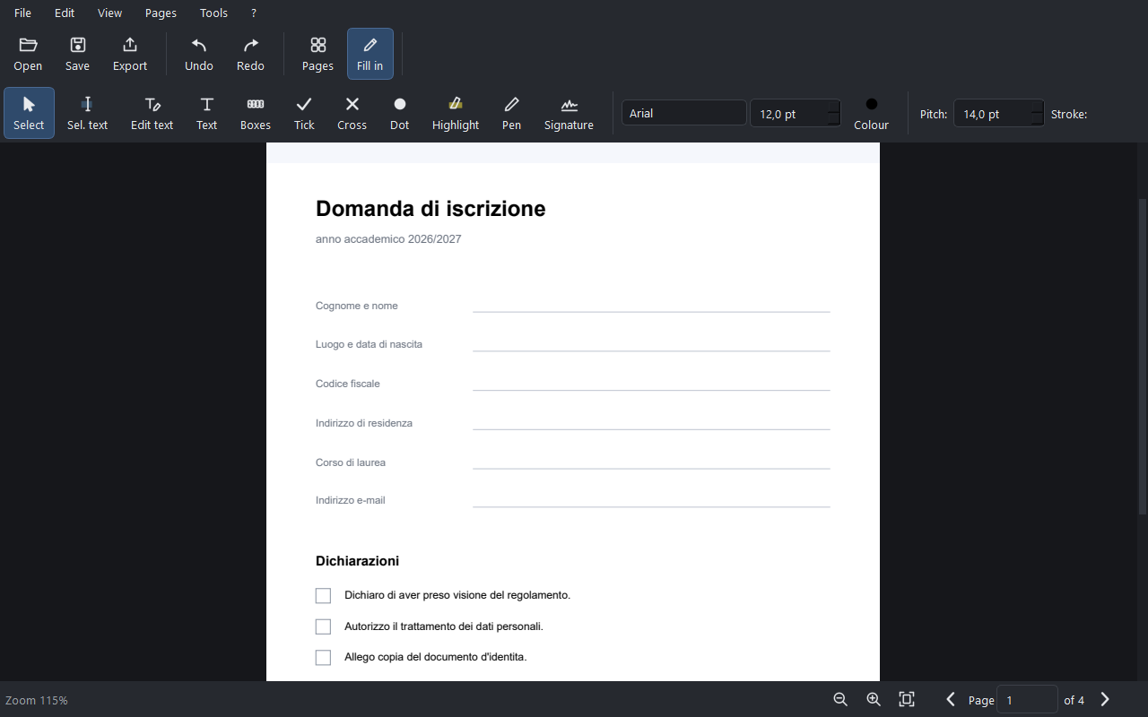 La vista Modifica e compila con un modulo di iscrizione aperto e la barra degli strumenti in alto.