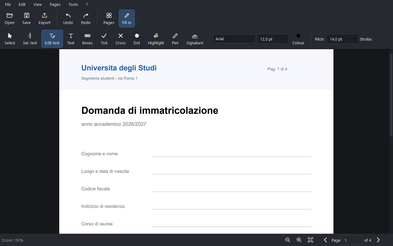 Il titolo del modulo è stato cambiato da Domanda di iscrizione a Domanda di immatricolazione, con lo stesso carattere e lo stesso corpo dell'originale.