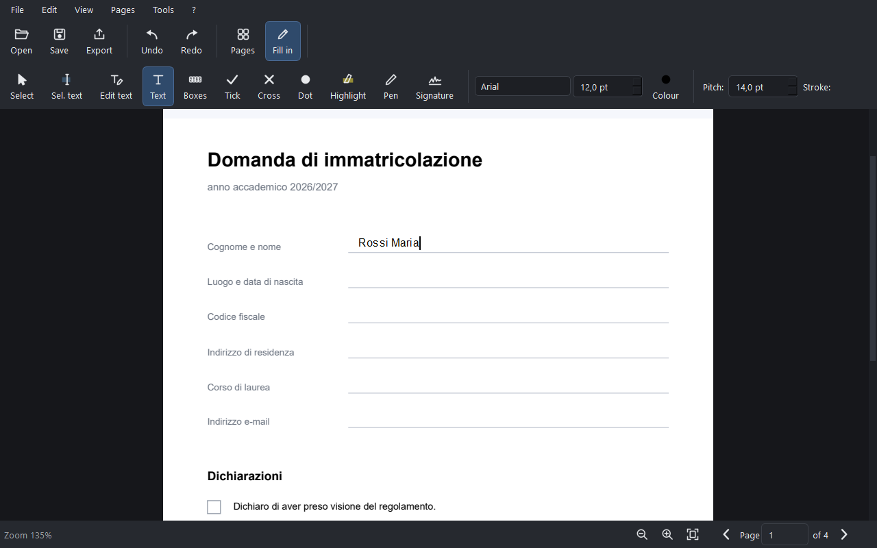 Una casella di testo con scritto Rossi Maria sulla riga Cognome e nome del modulo.