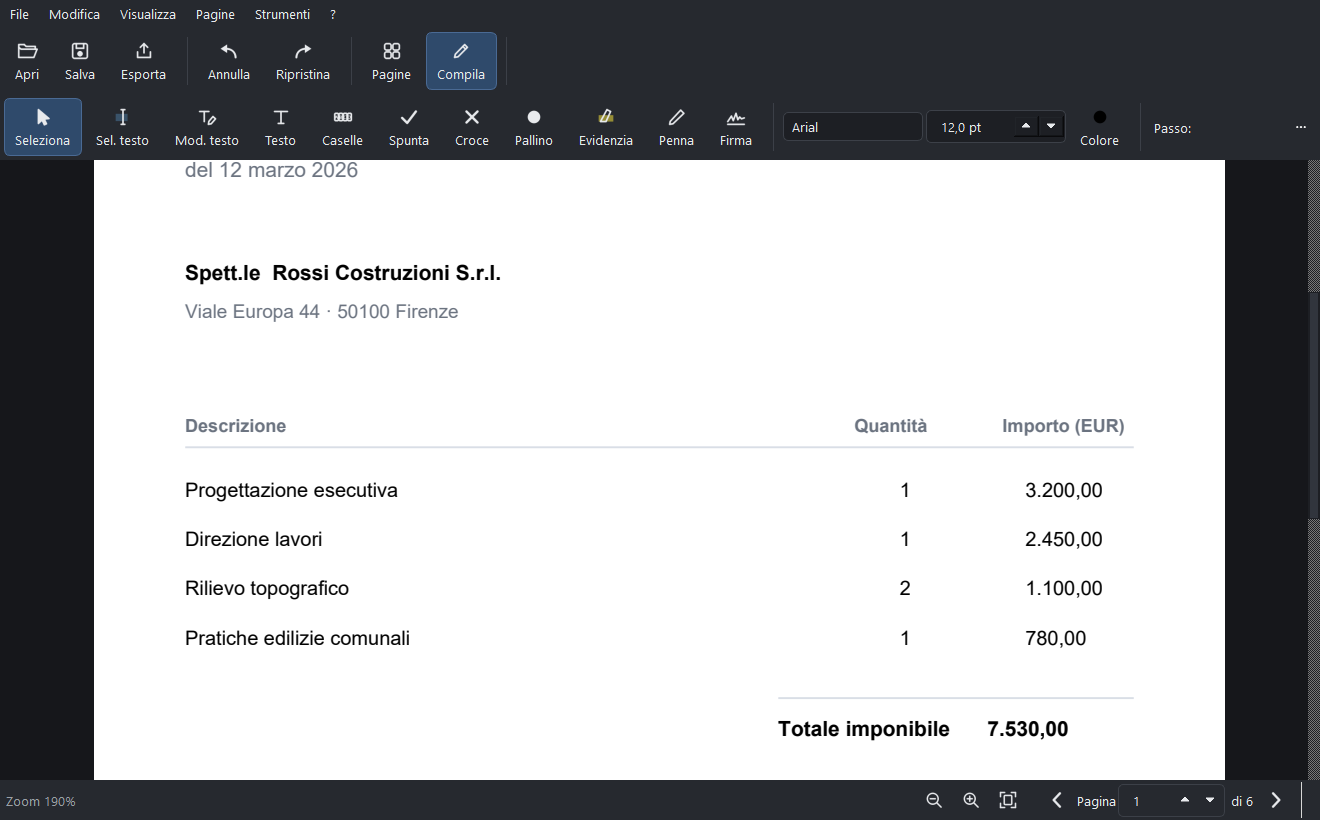 Vista Compila con il documento ingrandito e gli strumenti di modifica del testo.
